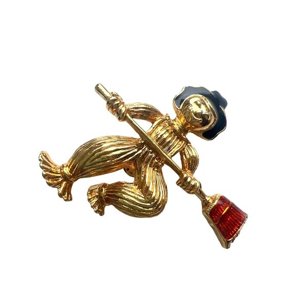 Vintage Avon Scarecrow Gold Tone Brooch Black Orange Enamel Halloween Rare Pin - Picture 3 of 5